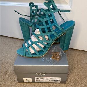 Renee C. Turquoise Strappy Block Heels